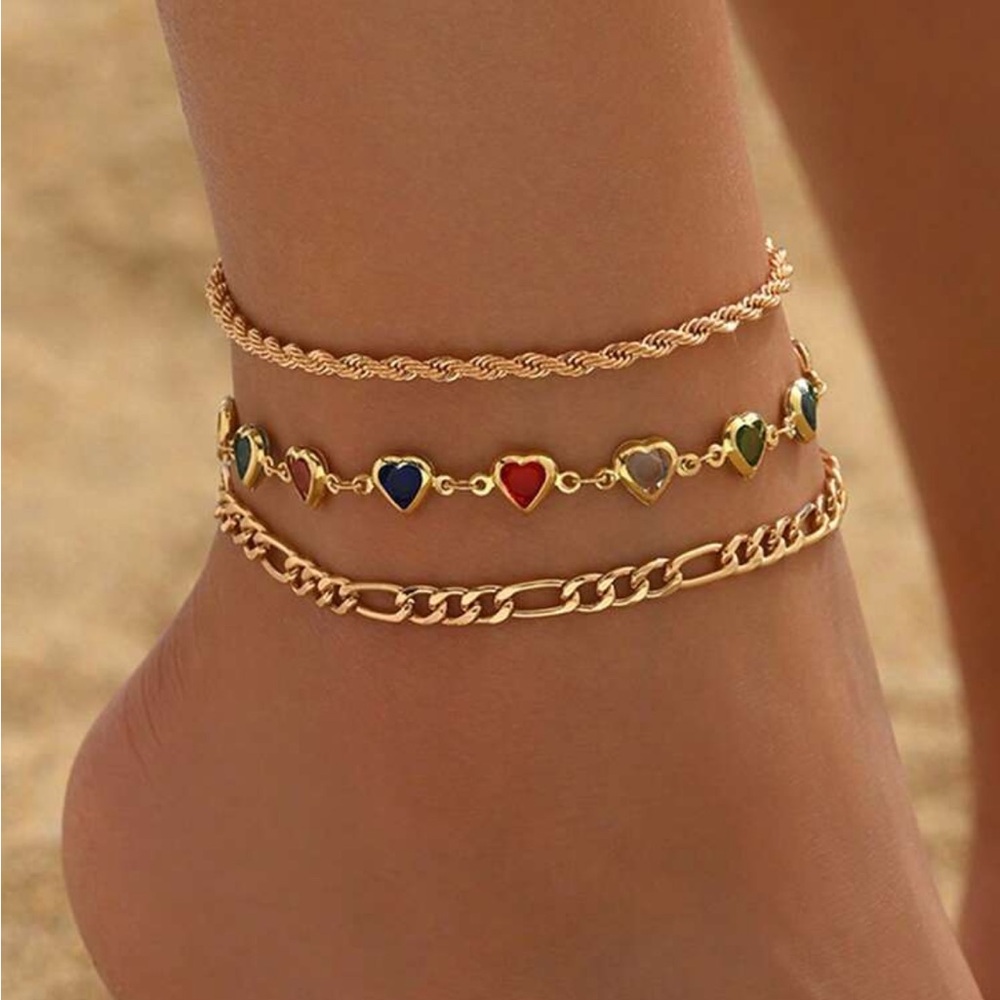 3 pcs/set Gold Multi-Heart & Chain Anklet Set - Colorful Enamel Hearts